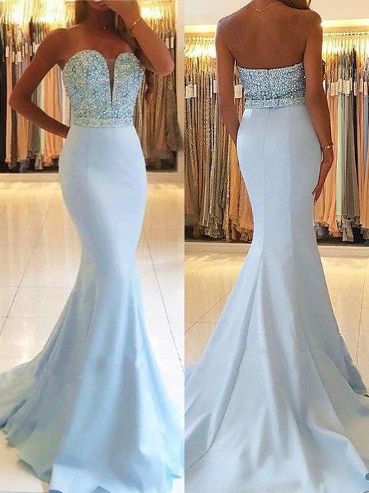 Mermaid Sleeveless Sweetheart Sweep/Brush Train With Beading Satin Prom Dress