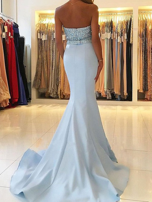 Mermaid Sleeveless Sweetheart Sweep/Brush Train With Beading Satin Prom Dress