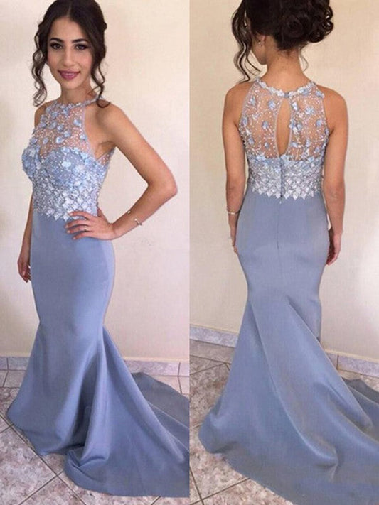 Mermaid Sleeveless Jewel Sweep/Brush Train Crystal Satin Prom Dress