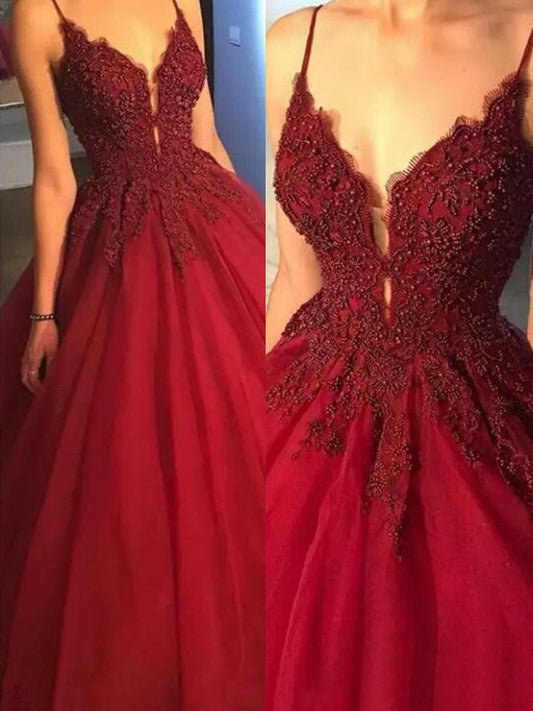 Ball Gown Sleeveless Spaghetti Straps Sweep/Brush Train With Applique Tulle Prom Dress