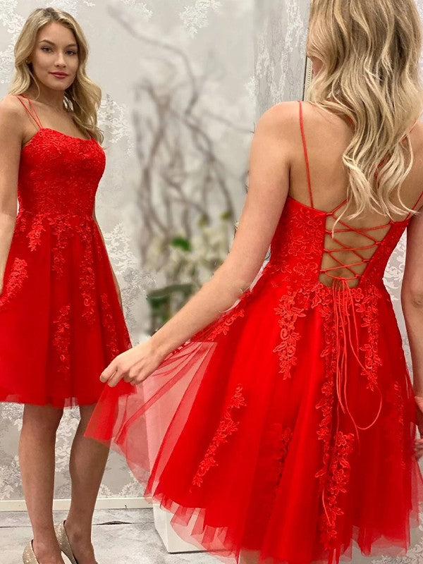 A-Line/Princess Tulle Applique Spaghetti Straps Sleeveless Short/Mini Prom Dress