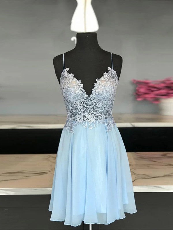 A-Line/Princess Chiffon Applique Spaghetti Straps Sleeveless Short/Mini Homecoming Dress