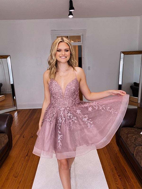 A-Line/Princess Lace Applique V-neck Sleeveless Short/Mini Prom Dress