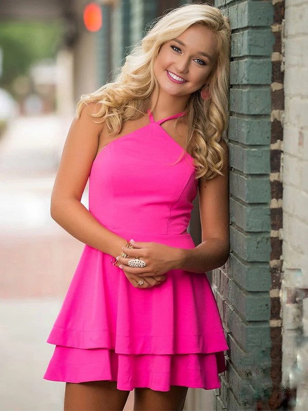 A-Line/Princess Stretch Crepe Layers Halter Sleeveless Short/Mini Hot Pink Homecoming Dress