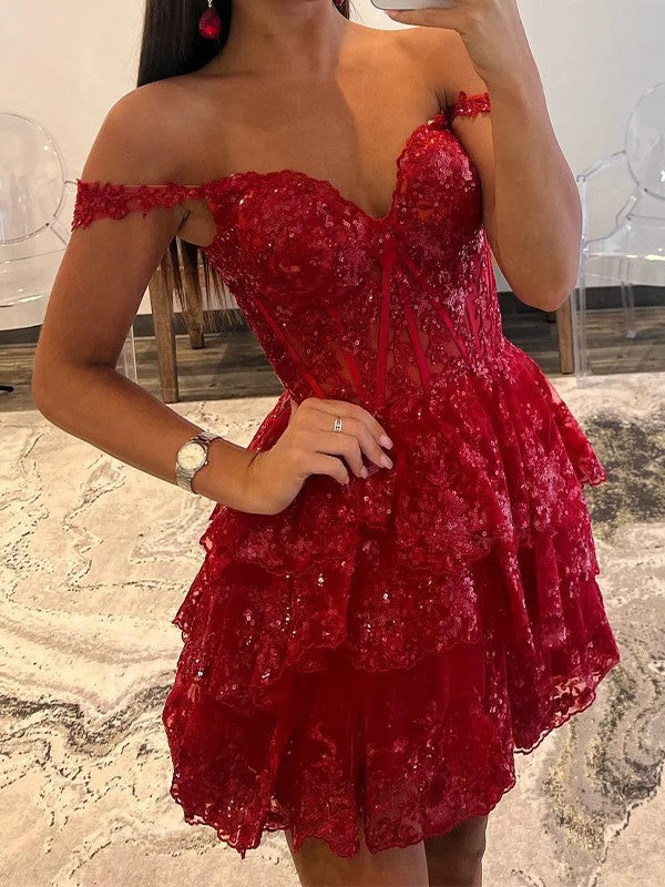 A-Line/Princess Tulle Sweetheart Sleeveless Short/Mini Corset Prom Dress