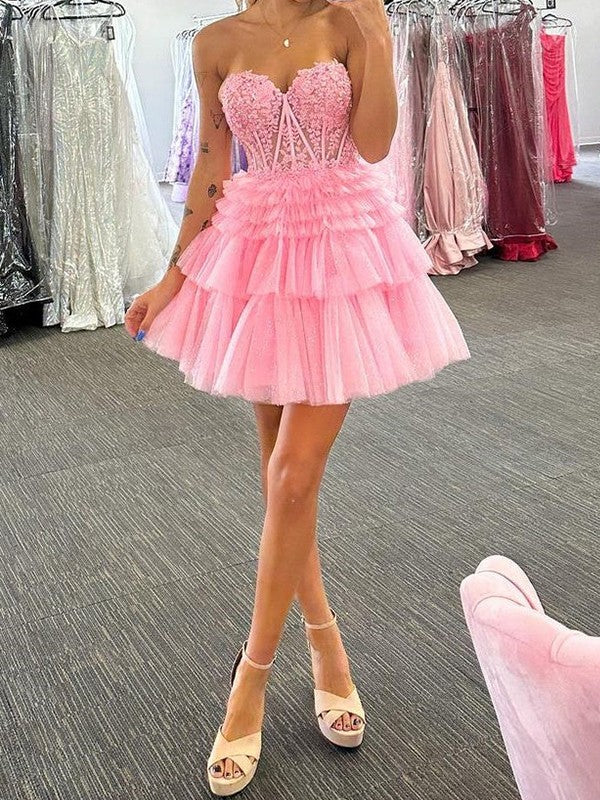 A-Line/Princess Tulle Applique Sweetheart Sleeveless Short/Mini Corset Prom Dress
