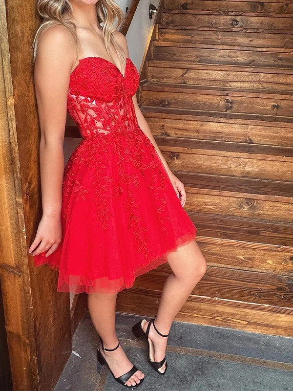 A-Line/Princess Tulle Applique Sweetheart Sleeveless Short/Mini Corset Prom Dress