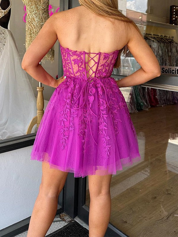 A-Line/Princess Tulle Applique Sweetheart Sleeveless Short/Mini Corset Prom Dress