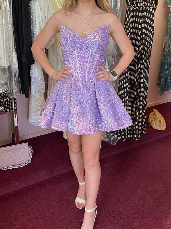 A-Line/Princess Velvet Sequins Strapless Sleeveless Short/Mini Corset Prom Dress