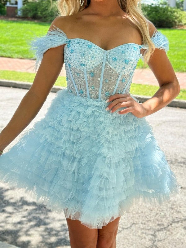 A-Line/Princess Tulle Feathers/Fur Off-the-Shoulder Sleeveless Short/Mini Corset Prom Dress