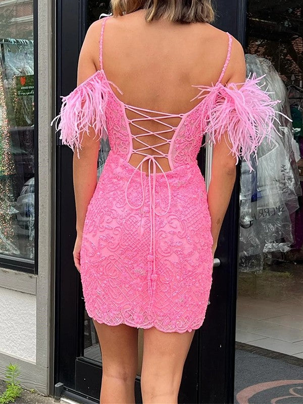 Sheath/Column Lace Feathers/Fur Spaghetti Straps Sleeveless Short/Mini Corset Prom Dress