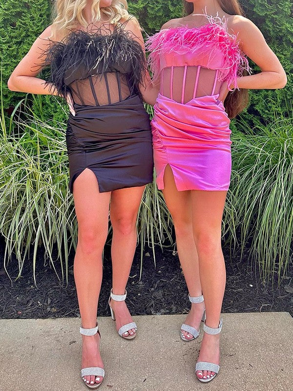 Sheath/Column Elastic Woven Satin Feathers/Fur Strapless Sleeveless Short/Mini Corset Prom Dress