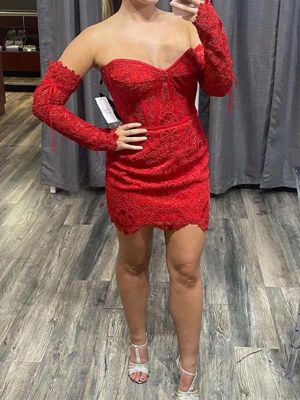 Sheath/Column Lace Applique Strapless Long Sleeves Short/Mini Corset Prom Dress