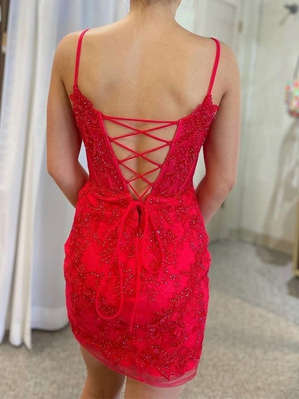 Sheath/Column Tulle Applique V-neck Sleeveless Short/Mini Corset Prom Dress