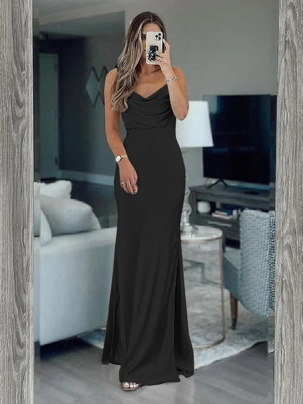 Sheath/Column Silk like Satin Ruched Spaghetti Straps Sleeveless Floor-Length Bridesmaid Dresses