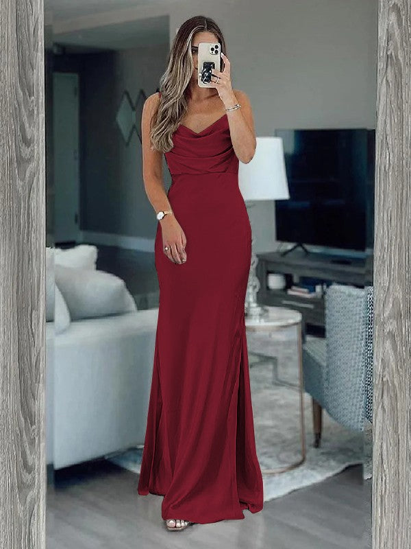Sheath/Column Silk like Satin Ruched Spaghetti Straps Sleeveless Floor-Length Bridesmaid Dresses
