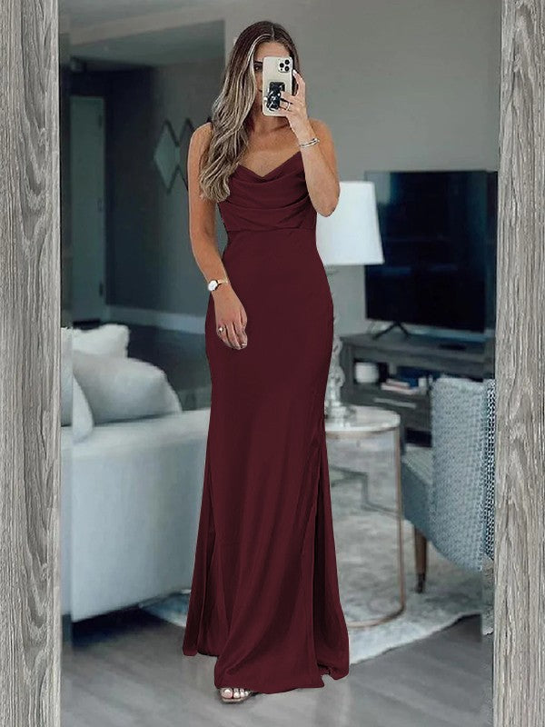 Sheath/Column Silk like Satin Ruched Spaghetti Straps Sleeveless Floor-Length Bridesmaid Dresses