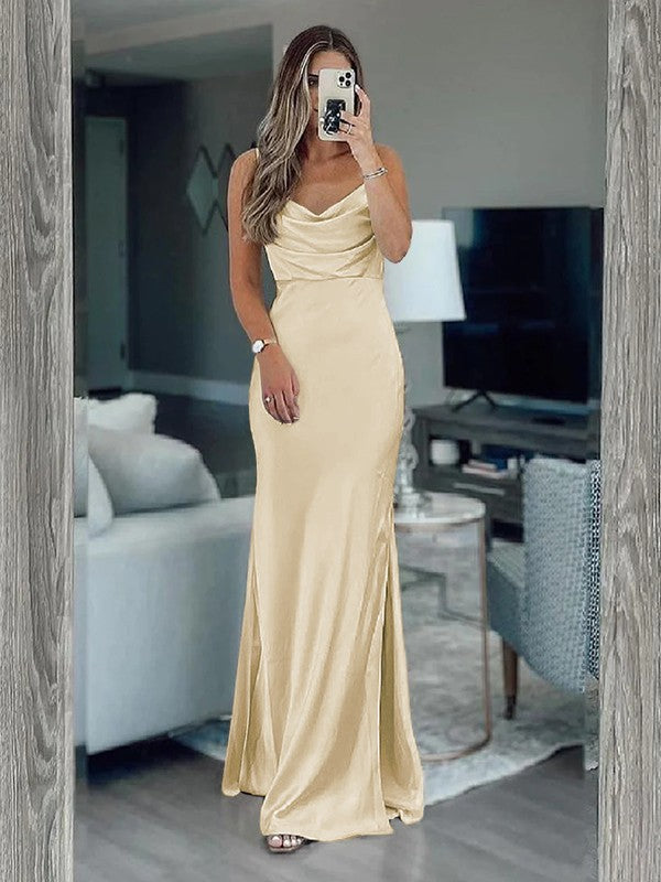 Sheath/Column Silk like Satin Ruched Spaghetti Straps Sleeveless Floor-Length Bridesmaid Dresses