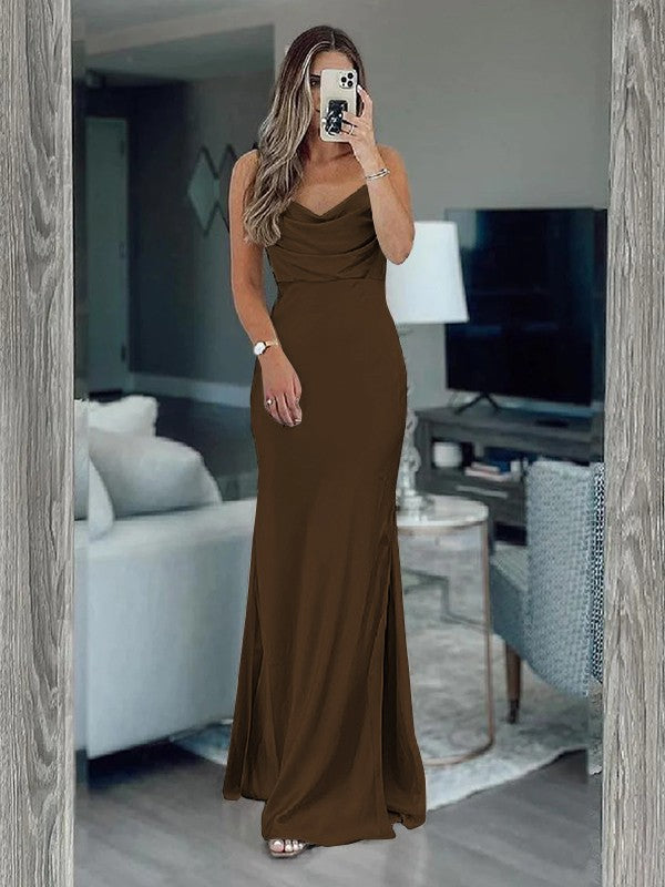 Sheath/Column Silk like Satin Ruched Spaghetti Straps Sleeveless Floor-Length Bridesmaid Dresses