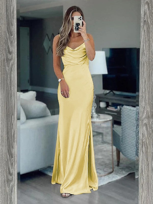 Sheath/Column Silk like Satin Ruched Spaghetti Straps Sleeveless Floor-Length Bridesmaid Dresses