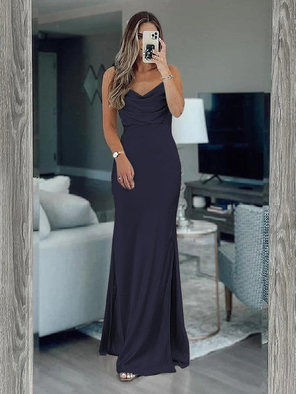 Sheath/Column Silk like Satin Ruched Spaghetti Straps Sleeveless Floor-Length Bridesmaid Dresses