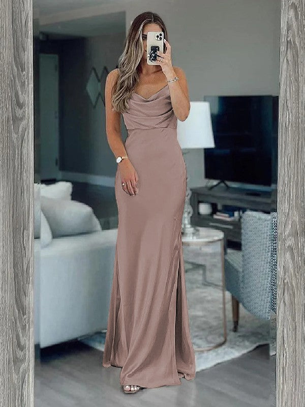 Sheath/Column Silk like Satin Ruched Spaghetti Straps Sleeveless Floor-Length Bridesmaid Dresses