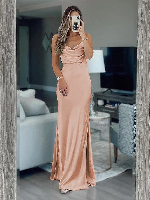 Sheath/Column Silk like Satin Ruched Spaghetti Straps Sleeveless Floor-Length Bridesmaid Dresses