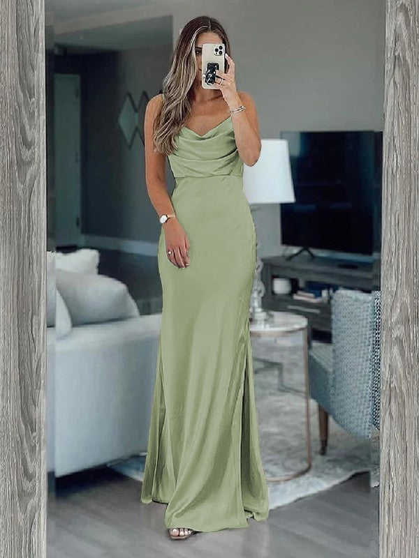 Sheath/Column Silk like Satin Ruched Spaghetti Straps Sleeveless Floor-Length Bridesmaid Dresses