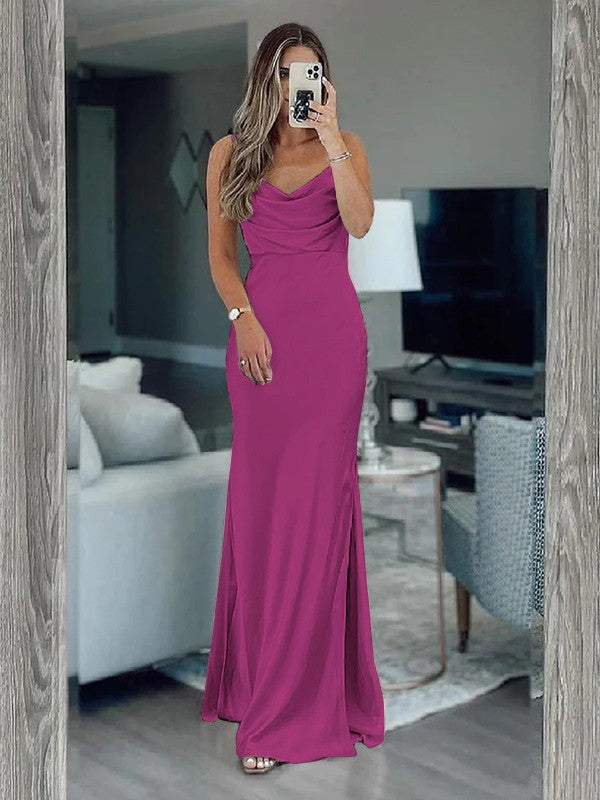 Sheath/Column Silk like Satin Ruched Spaghetti Straps Sleeveless Floor-Length Bridesmaid Dresses