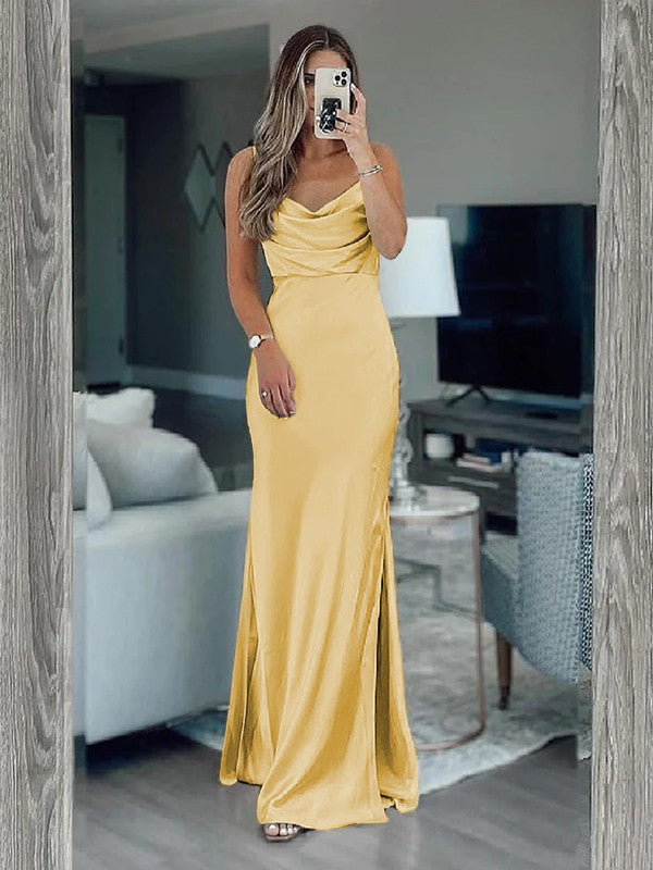 Sheath/Column Silk like Satin Ruched Spaghetti Straps Sleeveless Floor-Length Bridesmaid Dresses