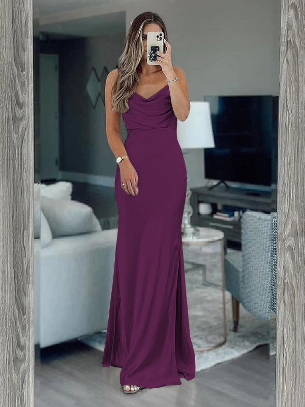 Sheath/Column Silk like Satin Ruched Spaghetti Straps Sleeveless Floor-Length Bridesmaid Dresses