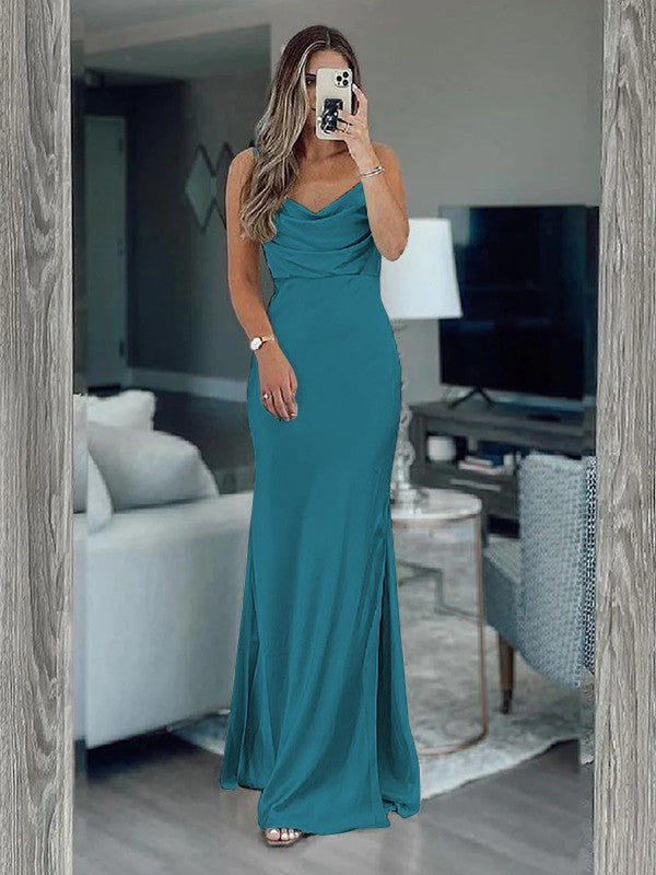 Sheath/Column Silk like Satin Ruched Spaghetti Straps Sleeveless Floor-Length Bridesmaid Dresses