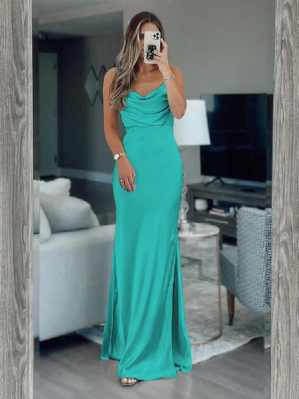 Sheath/Column Silk like Satin Ruched Spaghetti Straps Sleeveless Floor-Length Bridesmaid Dresses