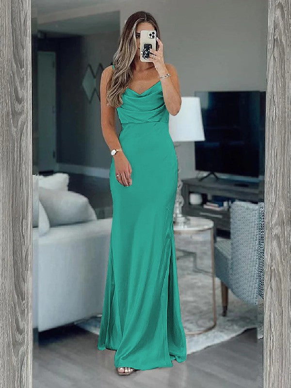 Sheath/Column Silk like Satin Ruched Spaghetti Straps Sleeveless Floor-Length Bridesmaid Dresses