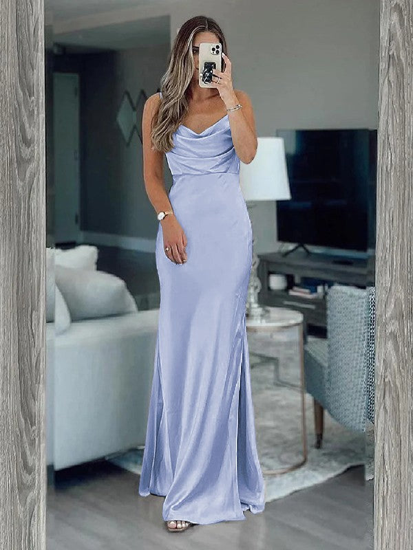 Sheath/Column Silk like Satin Ruched Spaghetti Straps Sleeveless Floor-Length Bridesmaid Dresses