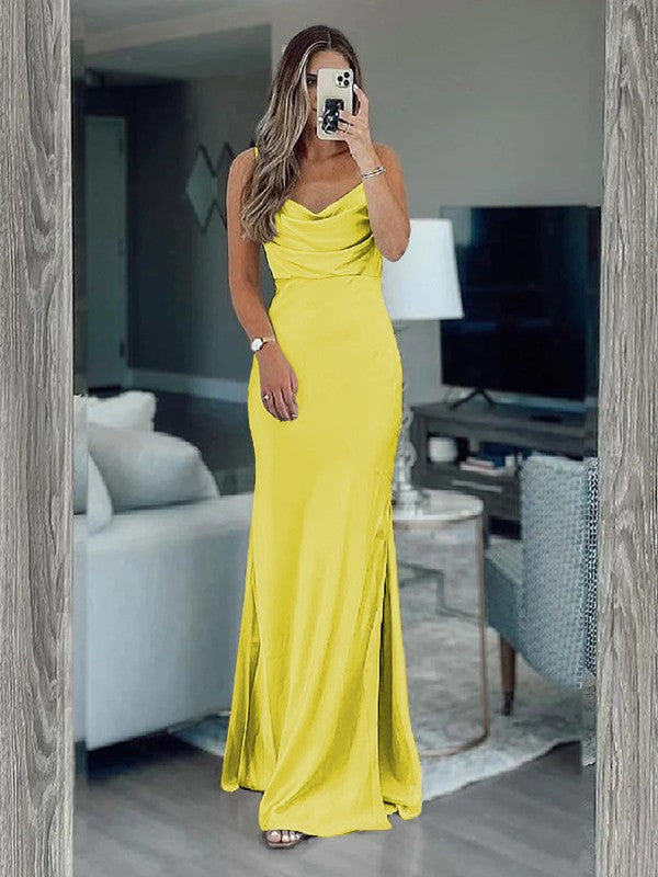 Sheath/Column Silk like Satin Ruched Spaghetti Straps Sleeveless Floor-Length Bridesmaid Dresses