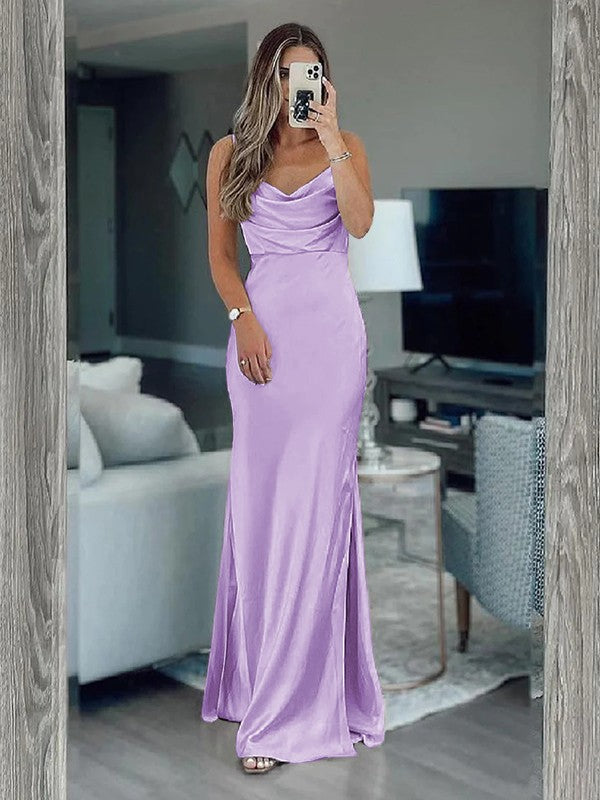 Sheath/Column Silk like Satin Ruched Spaghetti Straps Sleeveless Floor-Length Bridesmaid Dresses