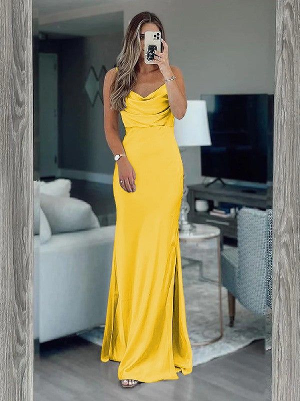 Sheath/Column Silk like Satin Ruched Spaghetti Straps Sleeveless Floor-Length Bridesmaid Dresses