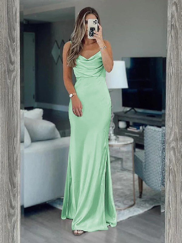 Sheath/Column Silk like Satin Ruched Spaghetti Straps Sleeveless Floor-Length Bridesmaid Dresses