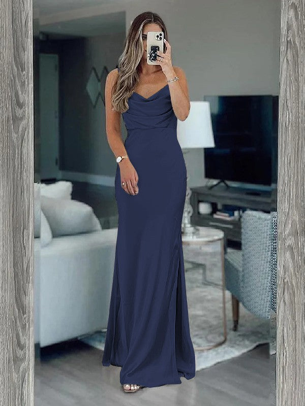 Sheath/Column Silk like Satin Ruched Spaghetti Straps Sleeveless Floor-Length Bridesmaid Dresses