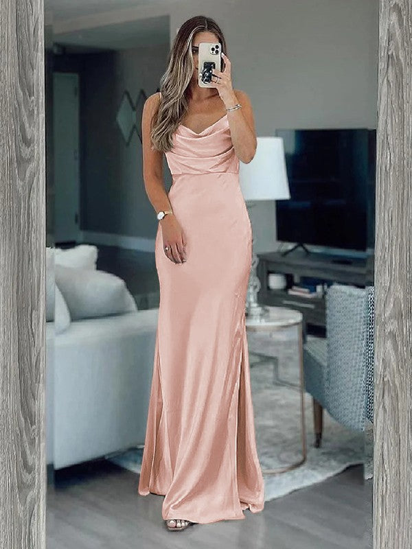 Sheath/Column Silk like Satin Ruched Spaghetti Straps Sleeveless Floor-Length Bridesmaid Dresses