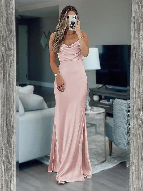 Sheath/Column Silk like Satin Ruched Spaghetti Straps Sleeveless Floor-Length Bridesmaid Dresses