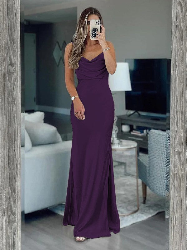 Sheath/Column Silk like Satin Ruched Spaghetti Straps Sleeveless Floor-Length Bridesmaid Dresses