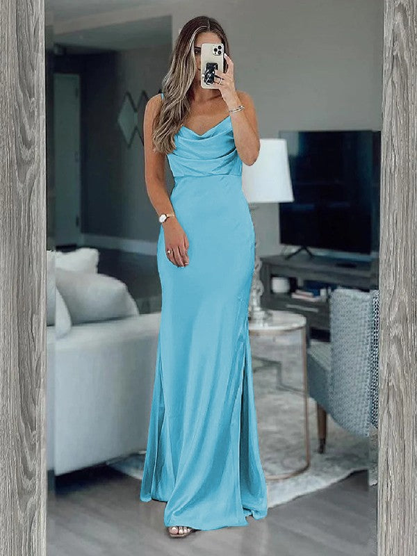 Sheath/Column Silk like Satin Ruched Spaghetti Straps Sleeveless Floor-Length Bridesmaid Dresses