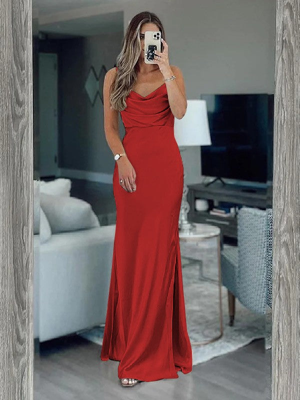 Sheath/Column Silk like Satin Ruched Spaghetti Straps Sleeveless Floor-Length Bridesmaid Dresses