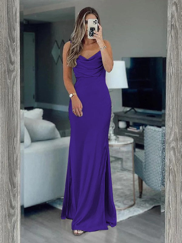 Sheath/Column Silk like Satin Ruched Spaghetti Straps Sleeveless Floor-Length Bridesmaid Dresses