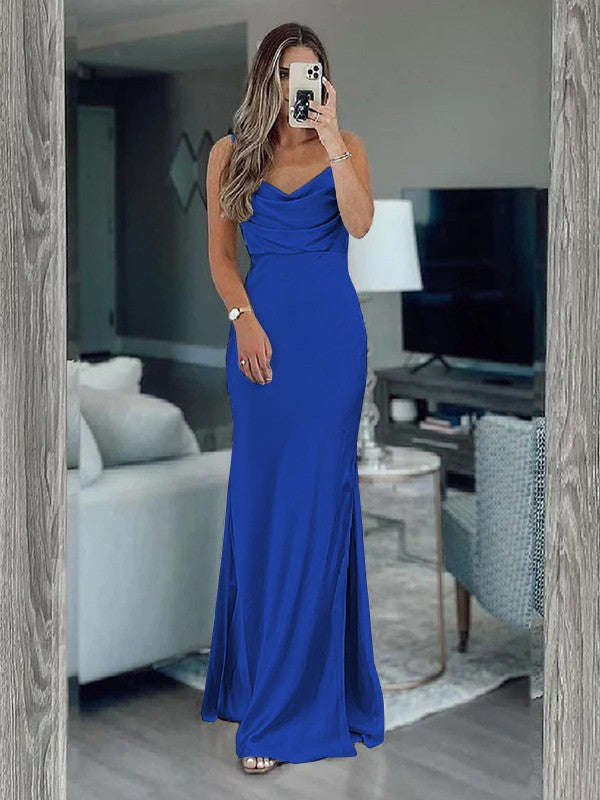 Sheath/Column Silk like Satin Ruched Spaghetti Straps Sleeveless Floor-Length Bridesmaid Dresses
