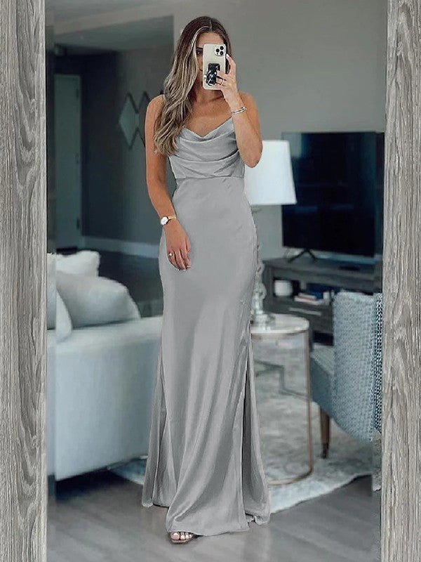 Sheath/Column Silk like Satin Ruched Spaghetti Straps Sleeveless Floor-Length Bridesmaid Dresses
