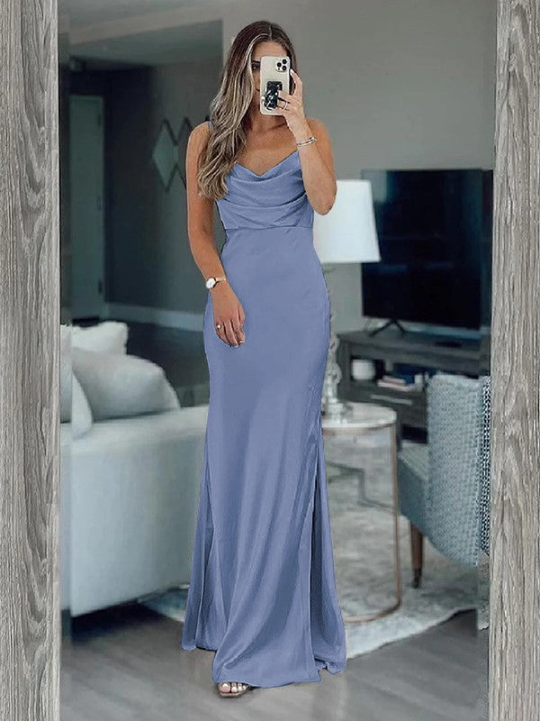 Sheath/Column Silk like Satin Ruched Spaghetti Straps Sleeveless Floor-Length Bridesmaid Dresses