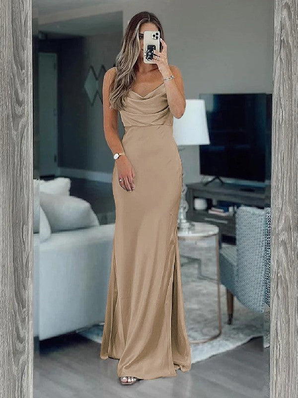 Sheath/Column Silk like Satin Ruched Spaghetti Straps Sleeveless Floor-Length Bridesmaid Dresses